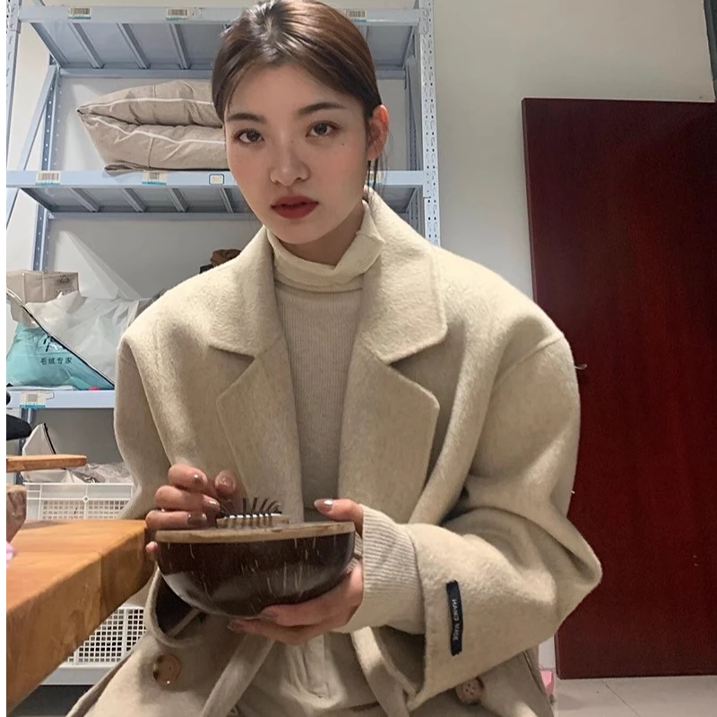 洛边 韩国单100羊毛燕麦色双面毛呢秋冬双排扣大衣