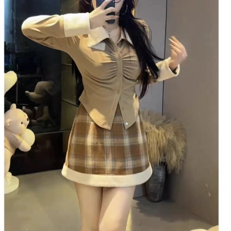 小香风格子半身裙修身上衣#28776