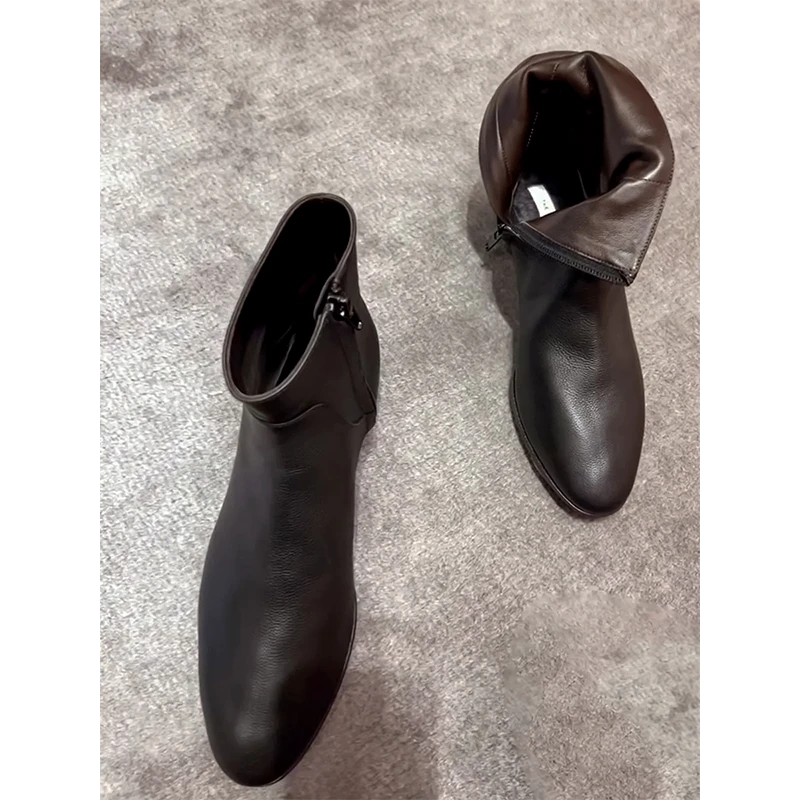 2024年新款靴子女春秋单靴粗跟侧拉链圆头瘦瘦靴百搭粗跟短靴低帮