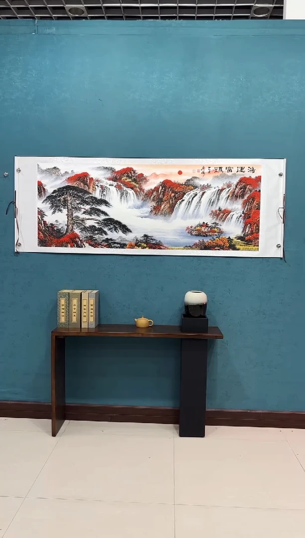 国画《鸿运当头迎客松山水》70*200厘米卷轴软裱