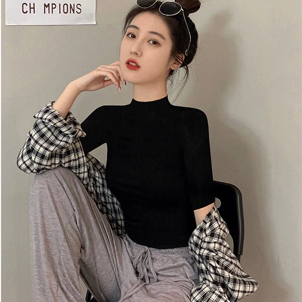 黑色冰丝莫代尔半高领中袖t恤洋气衣服女夏修身内搭中领打底纯欲