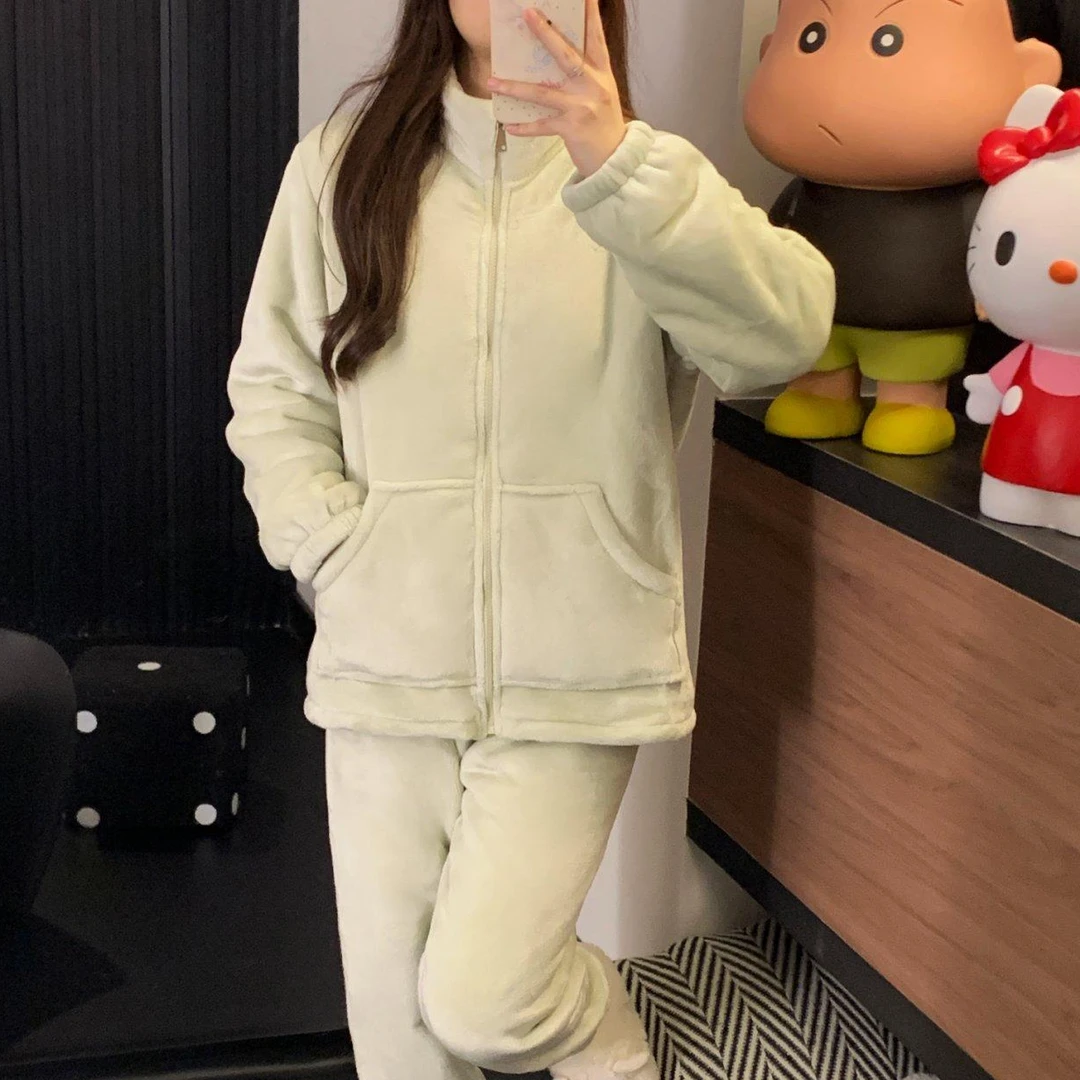 【双层睡衣】女士秋冬季加绒保暖睡衣套装休闲拉链款家居服可外穿LY