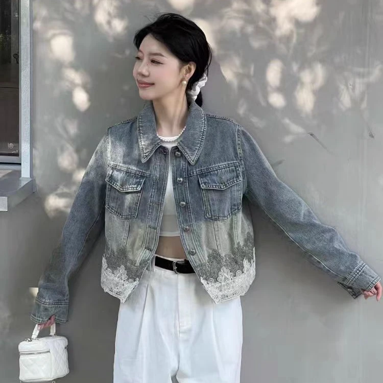 D55125复古设计感重工渐变蕾丝拼接牛仔外套