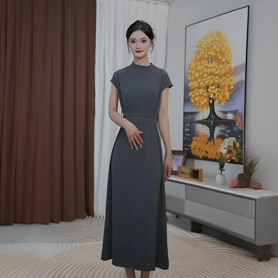 2025新款H型裙长裙短袖夏季连衣裙时尚气质显瘦裙子收腰优雅修身