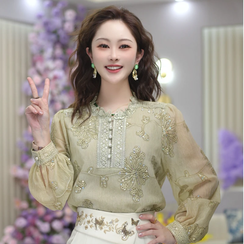 米娅 2025夏季新款高档轻奢重工烫钻长袖衬衫洋气百搭衬衣 DY5780