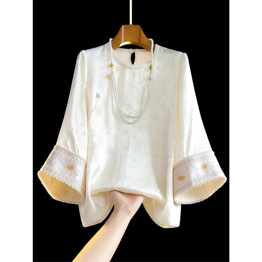 高级感新中式提花钉珠复古轻奢风休闲百搭显瘦国风夏季新品衬衫女
