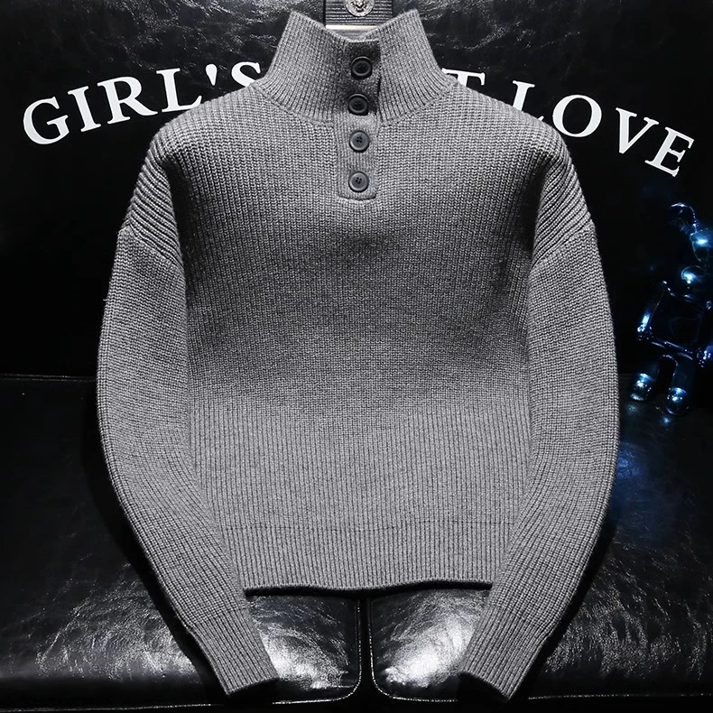 潮流韩版男士高领毛衣冬季新款纽扣设计感休闲纯色加厚打底针织衫