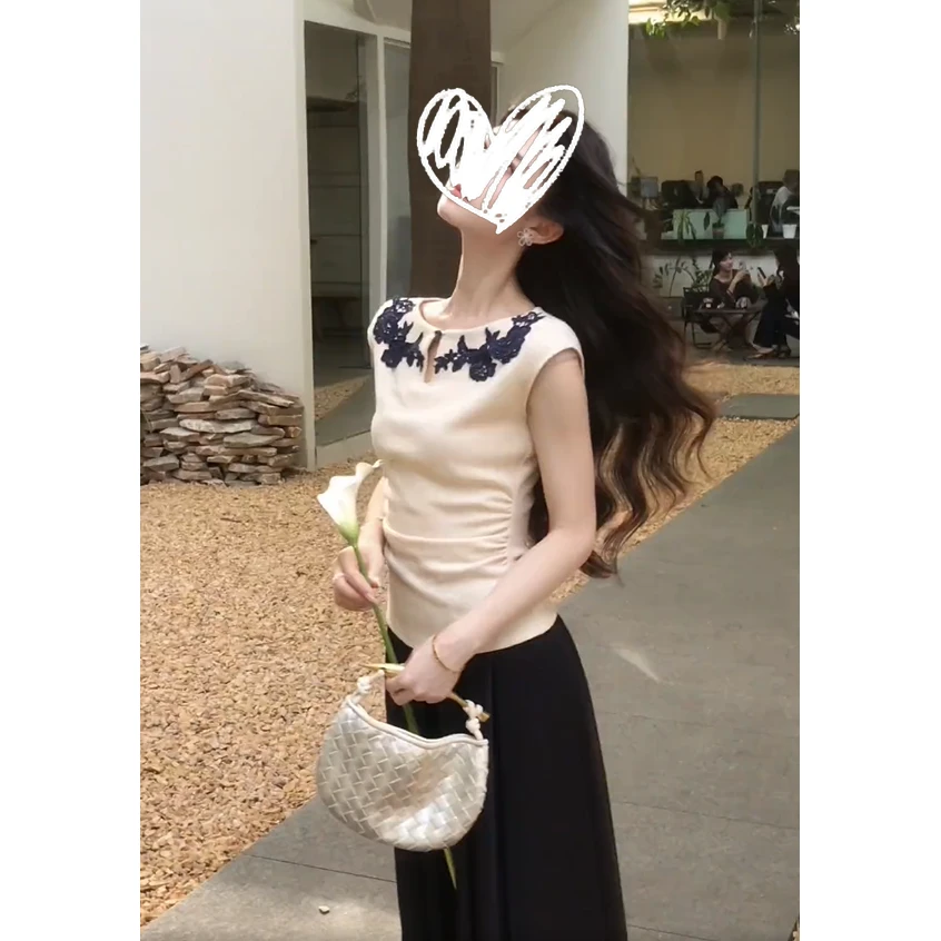 2025时尚新款夏季流行法式气质名媛蕾丝领无袖上衣半身裙两件套装