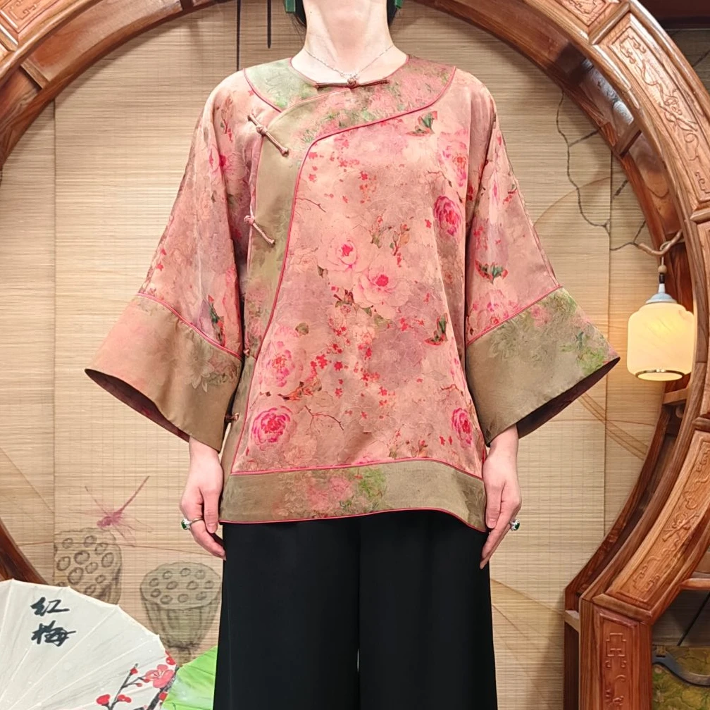 40姆米100桑蚕丝双面提花红云纱富贵牡丹全开襟太太服新中式