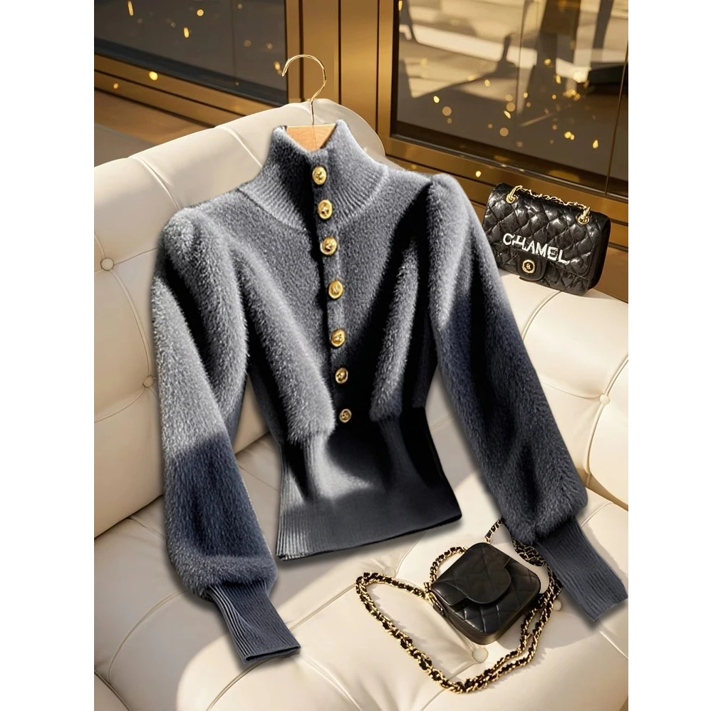 韩系独特别致软糯慵懒风灰色高领针织毛衣打底衫女秋冬季洋气内搭