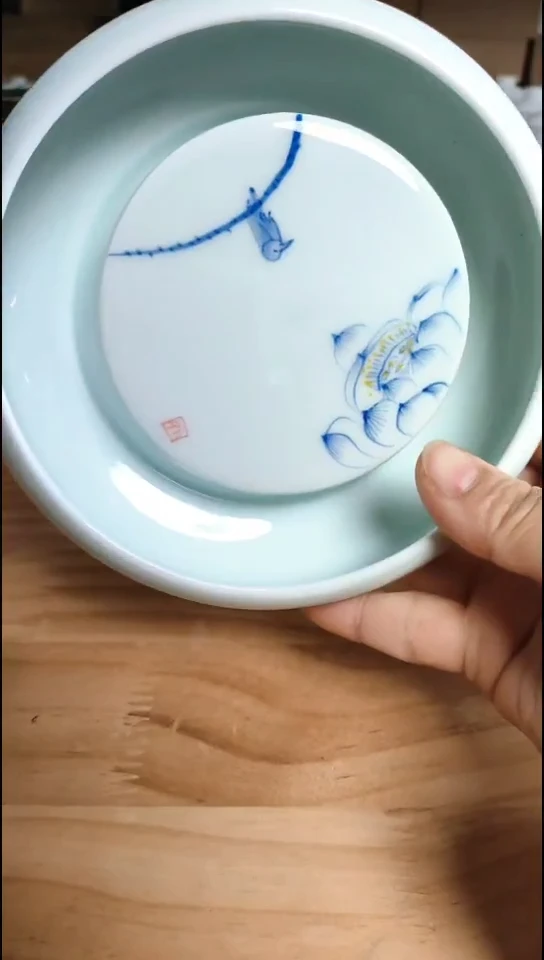 瑕疵款 手绘荷花小鸟壶承