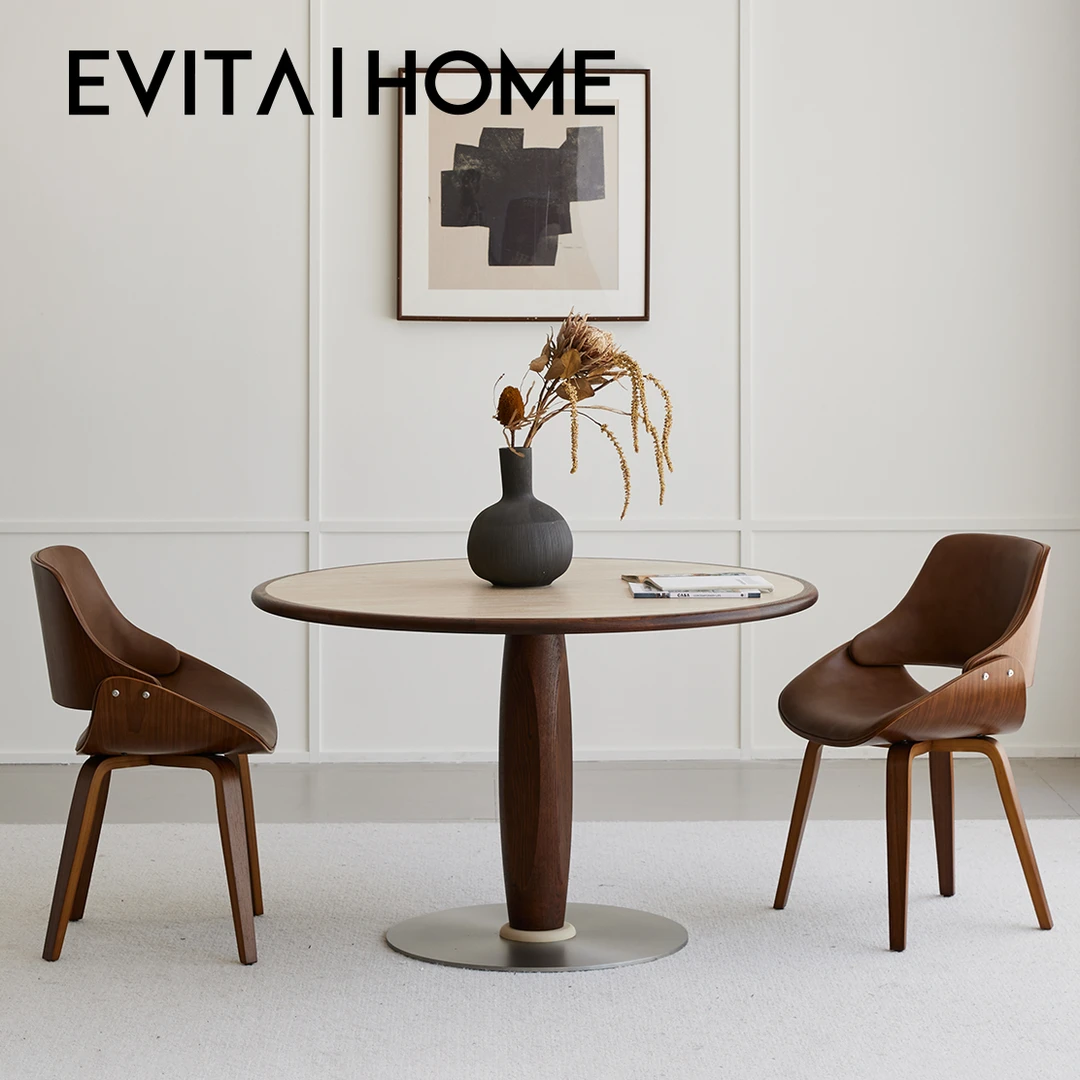 EVITA Home橄榄圆桌洞石岩板法式复古新款小户型现代简约圆形饭桌