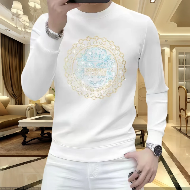 欧洲站男士长袖时尚休闲潮流圆领轻奢百搭修身重工烫钻秋冬季卫衣