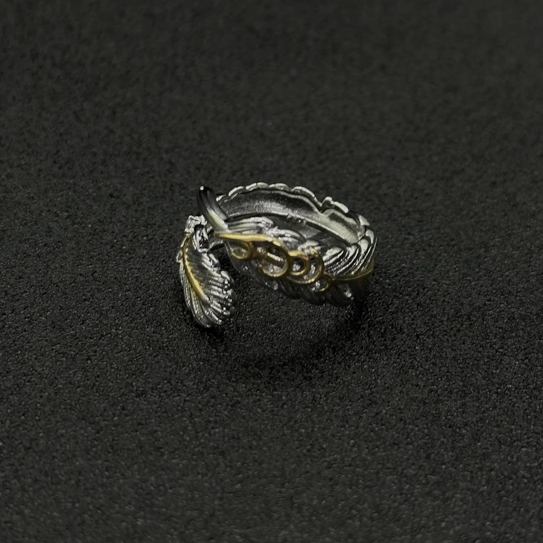 合金戒指 【蛇年 战棘羽翼 戒指】银色带黄羽毛戒指国潮风发字嘻