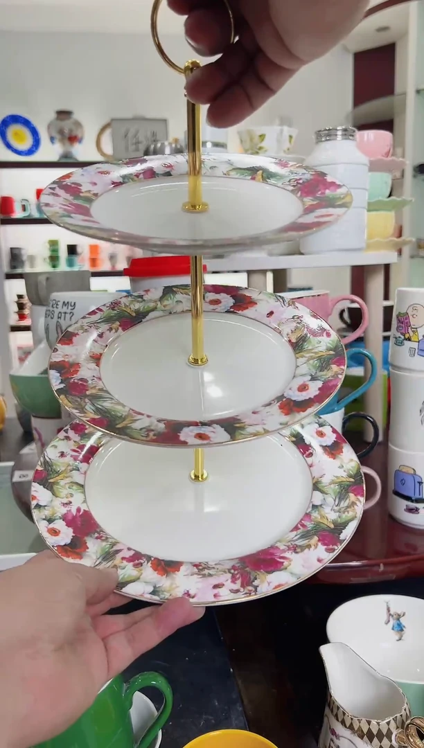 陶瓷手柄款陶瓷蛋糕盘子 三层 盘 7002