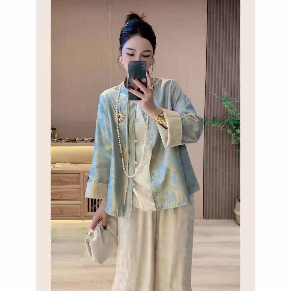 新中式文艺复古女款宽松长袖立领透气抗皱涤纶衬衫薄款春秋季单件