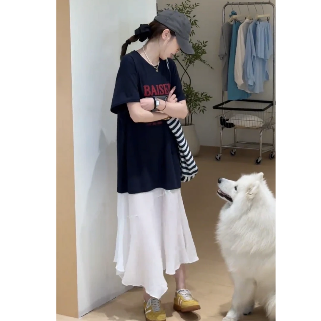 夏季新款韩系休闲复古宽松显瘦拼接连衣裙长裙