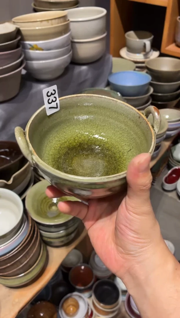 瓷片络**子337 手工双耳碗1个