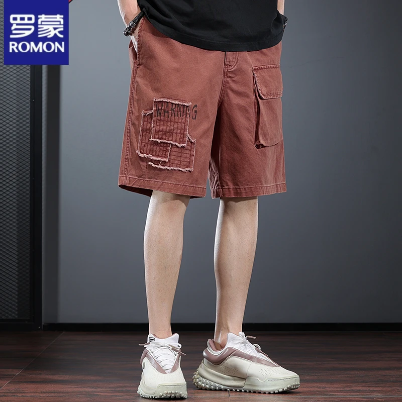 罗蒙高端阔腿工装短裤男宽松休闲中裤美式重磅砖红色五分伐木裤潮