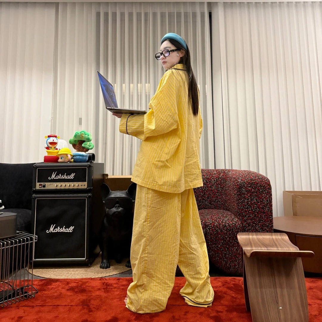 甜美高级感黄色条纹睡衣女春秋季2025新款宽松长袖长裤家居服套装