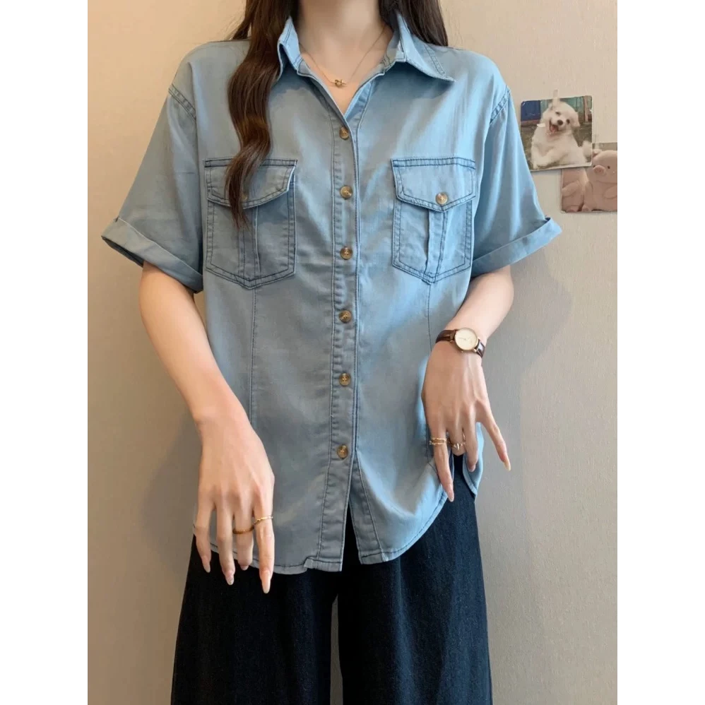 6395#【颜色以直播间为主】盐系穿搭牛仔短袖衬衫女显瘦正肩上衣