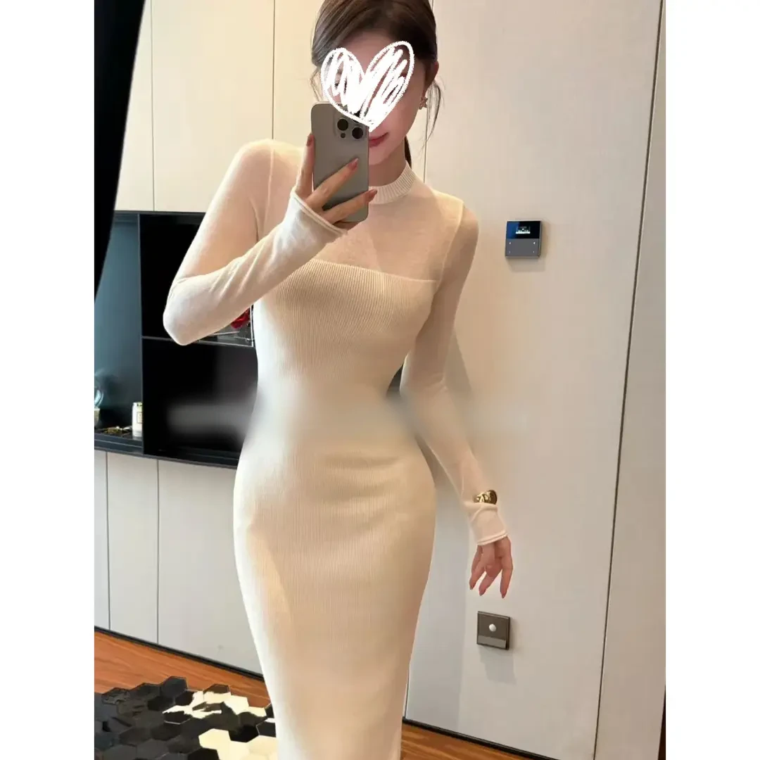 2025新款秋冬季拼接圆领打底针织连衣裙女秋冬百搭紧身包臀裙子