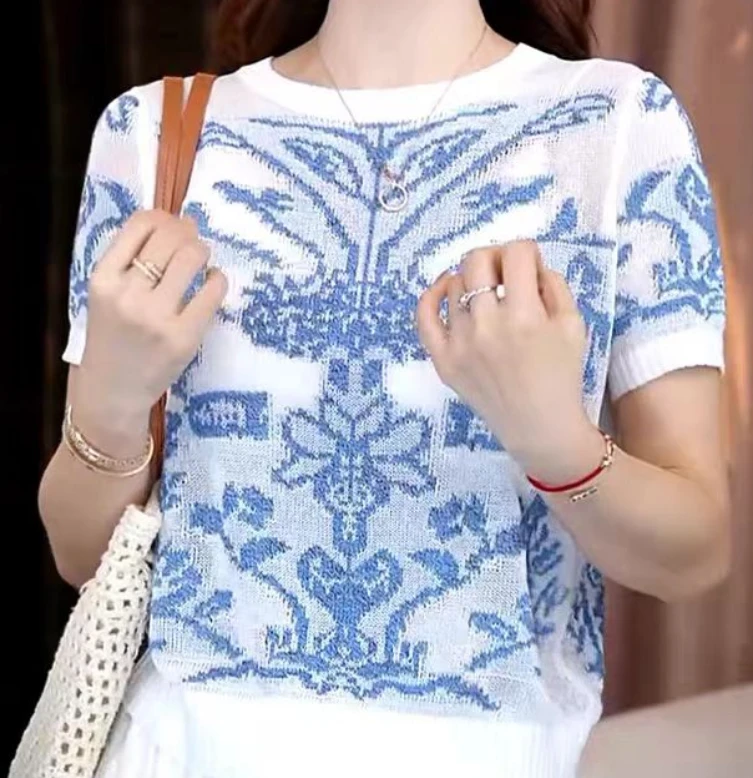 《蕾姐》重工刺绣冰丝针织衫女夏季2025新款圆领镂空短袖上衣07002