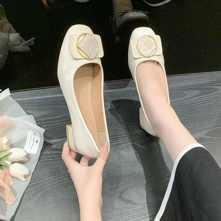 【品牌力荐】春夏新款气质粗跟浅口单鞋女软底妈妈鞋一脚蹬皮鞋7858