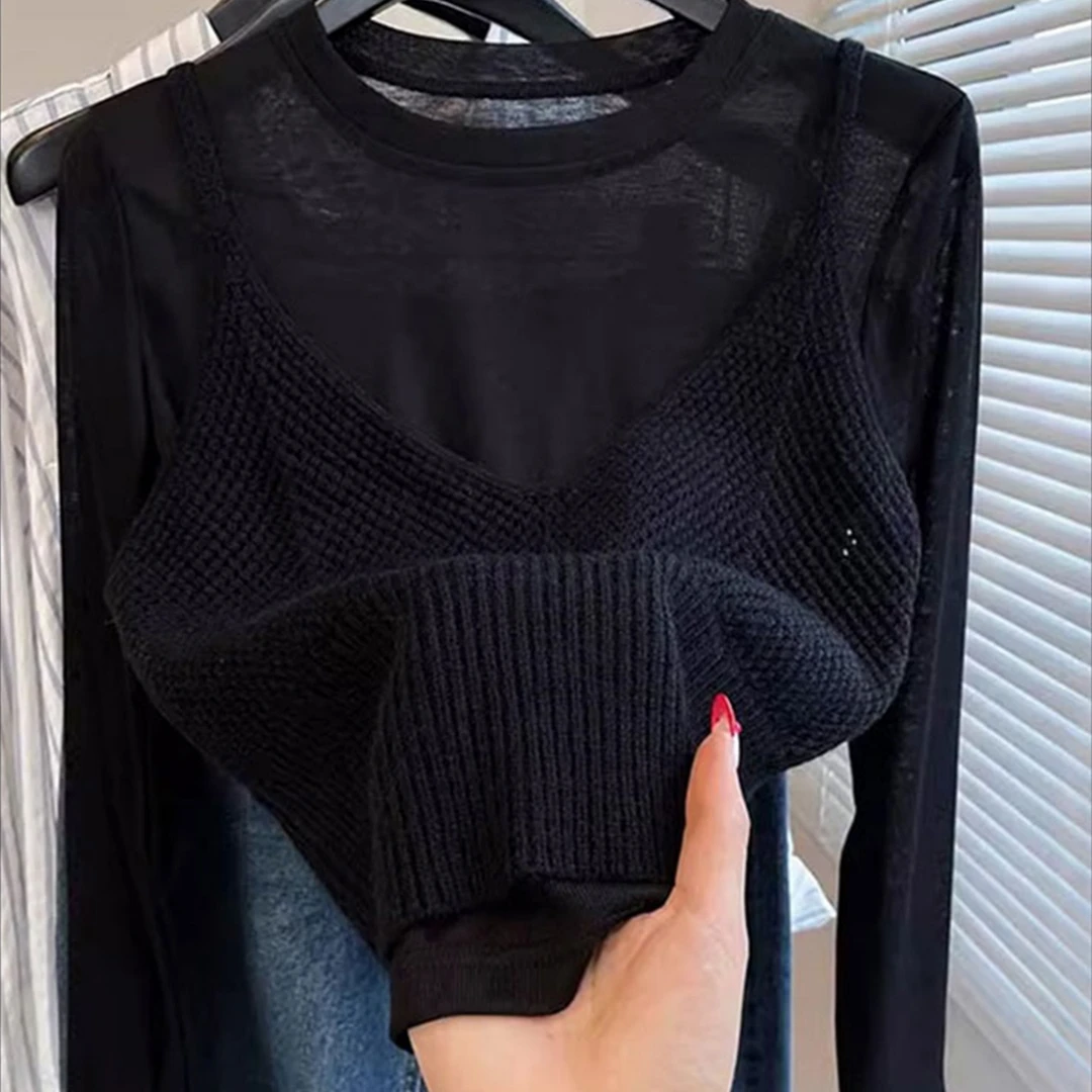 韩系长袖针织衫独特吊带背心设计感两件套减龄上衣女2025秋季新款