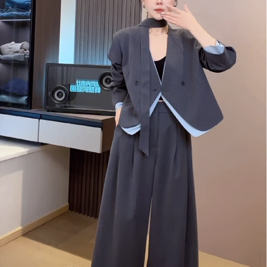 【悠悠日记】新款西装套装拼接衬衫带飘带设计西装外套＋西裤F672