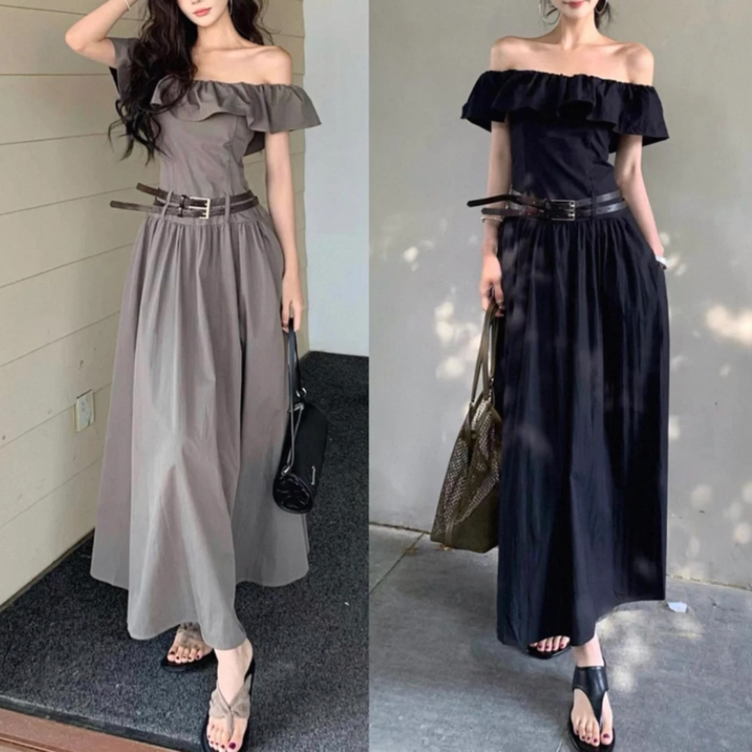 YUCCO予乂夏季荷叶边新款时尚气质显瘦一字肩连衣裙