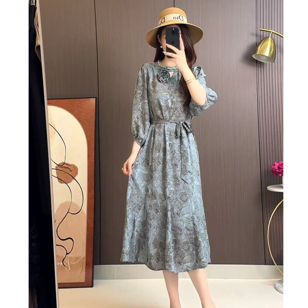 复古高级感温柔风优雅气质休闲长袖收腰修身碎花连衣裙B9915