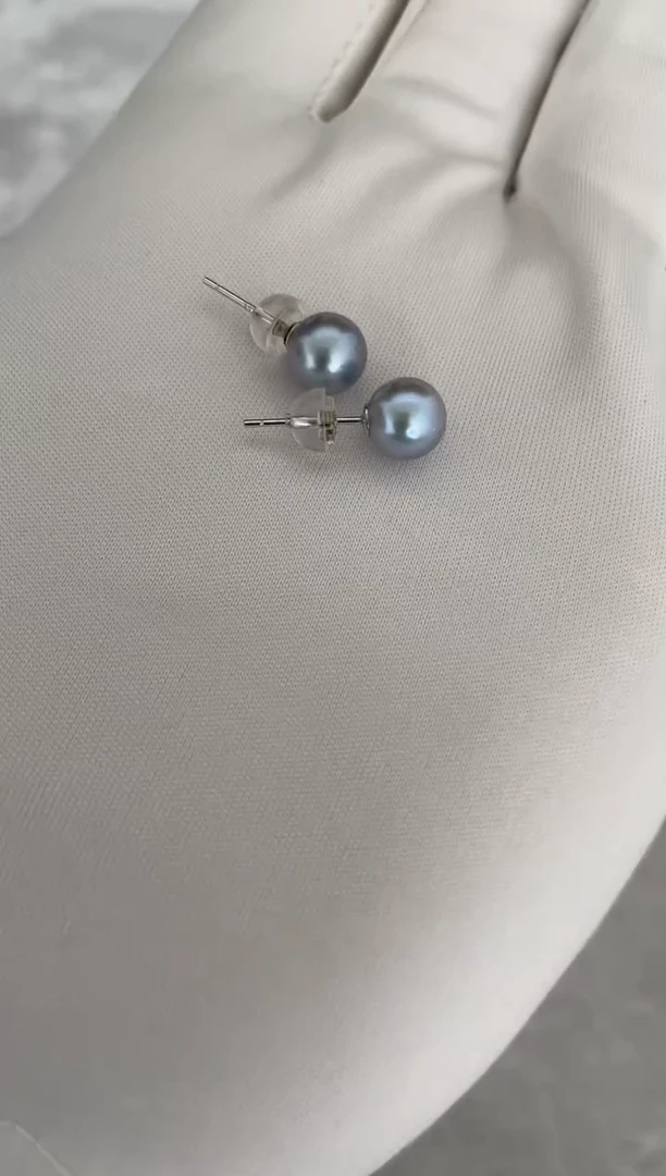 银S925镶嵌海水珍珠耳钉AK真多麻素钉7-7.5mm