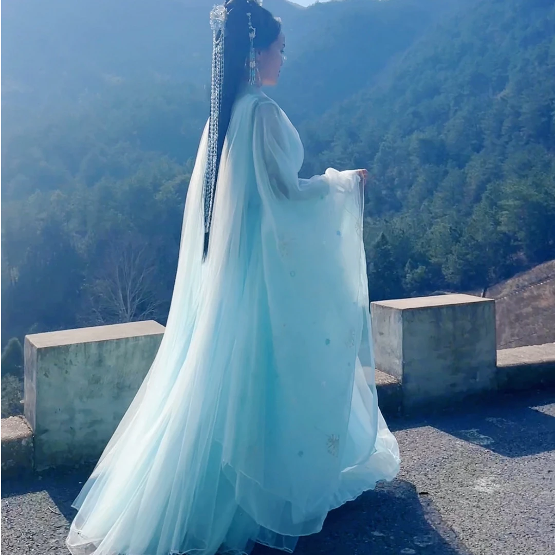 蓝色绣花素沙大袖仙侠中国风影视服装