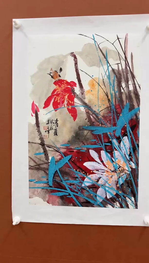 国画李文峰四尺三开亮彩荷花
