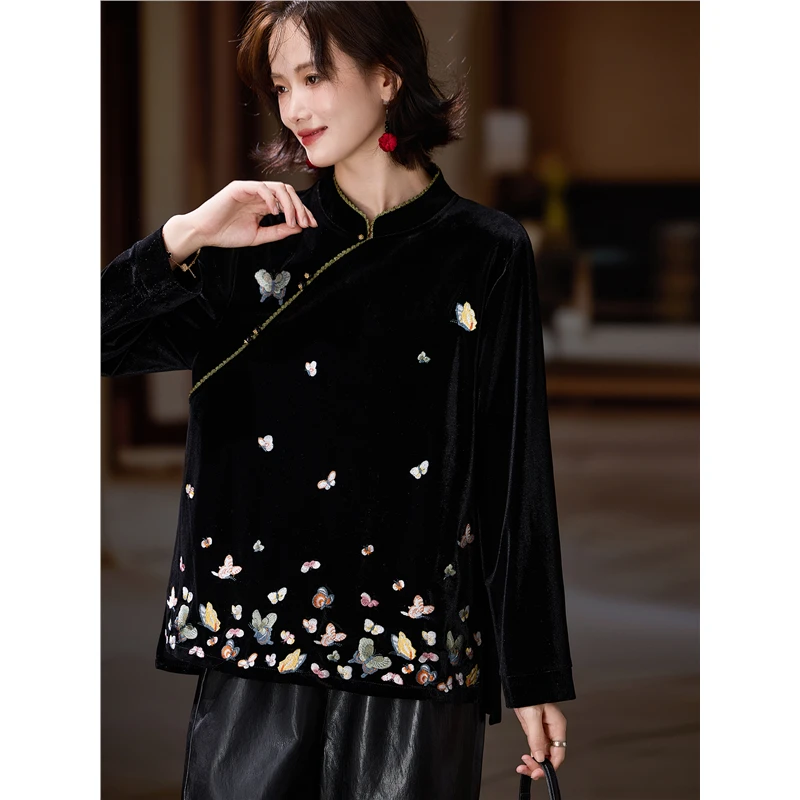 DUCURNO复古蝴蝶刺绣丝绒衬衫女秋季2025新款新中式国风大码衬衣