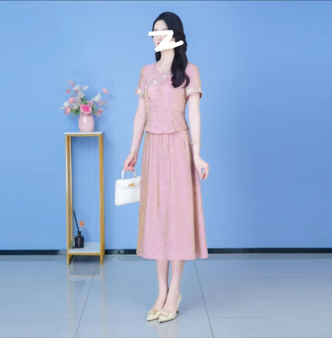 2025夏季新品上衣+裙子女士套装休闲温柔优雅大气遮肉显瘦洋气