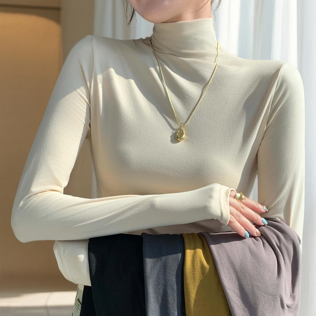 半高领面膜衫女内搭秋冬磨毛打底衫修身保暖外穿长袖纯色上衣