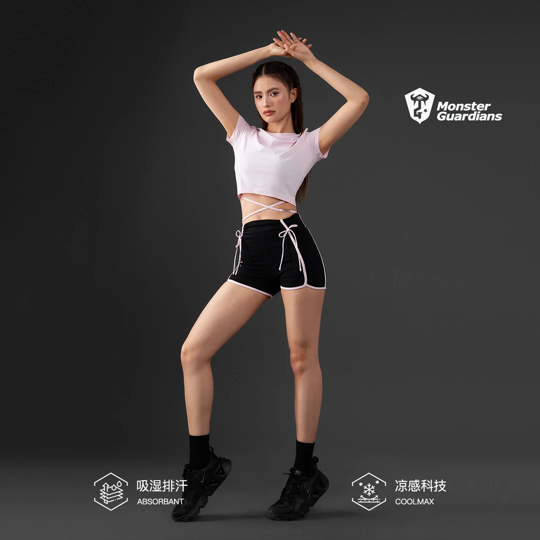 MonsterGuardians女子夏季可拆卸绑带装饰T恤修身短袖运动健身衣