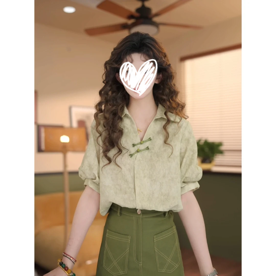 【小山水城】夏季镂空印花短袖衬衫女宽松休闲上衣1510