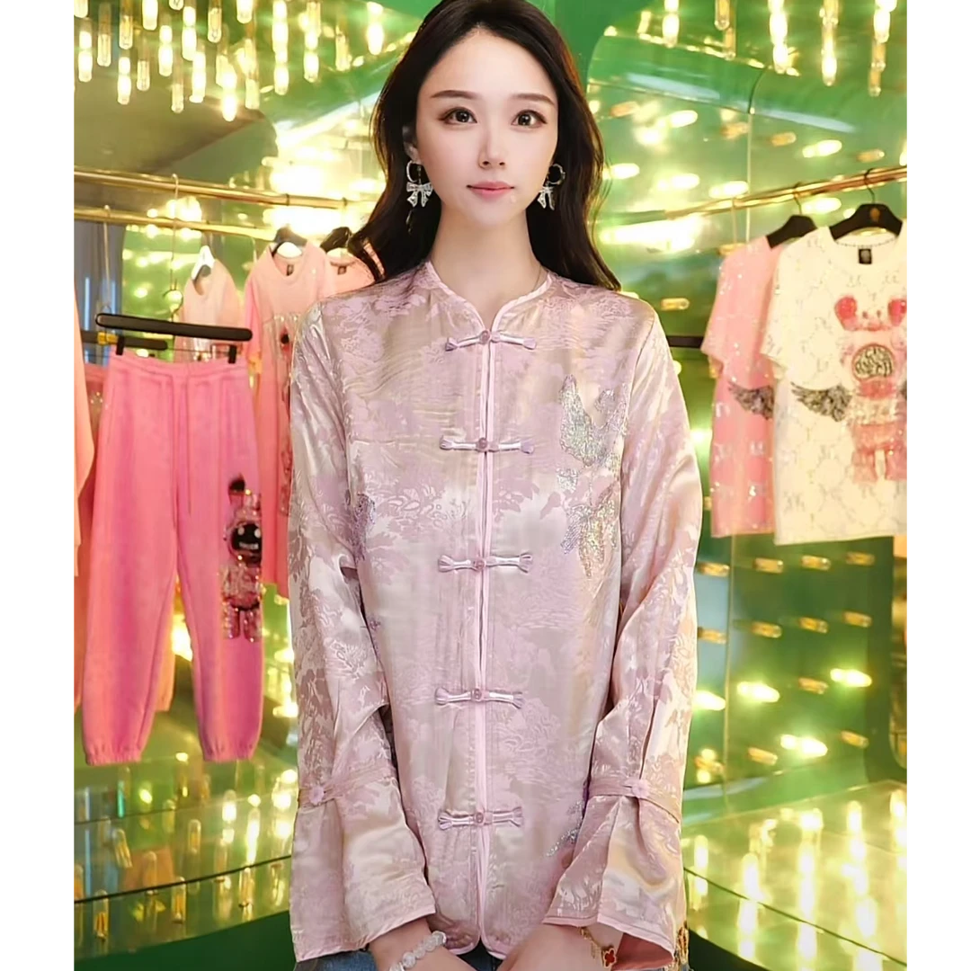 轻奢-TCH时尚潮牌金鱼花卉烫钻粉色新中式长袖T恤T75A27M9079