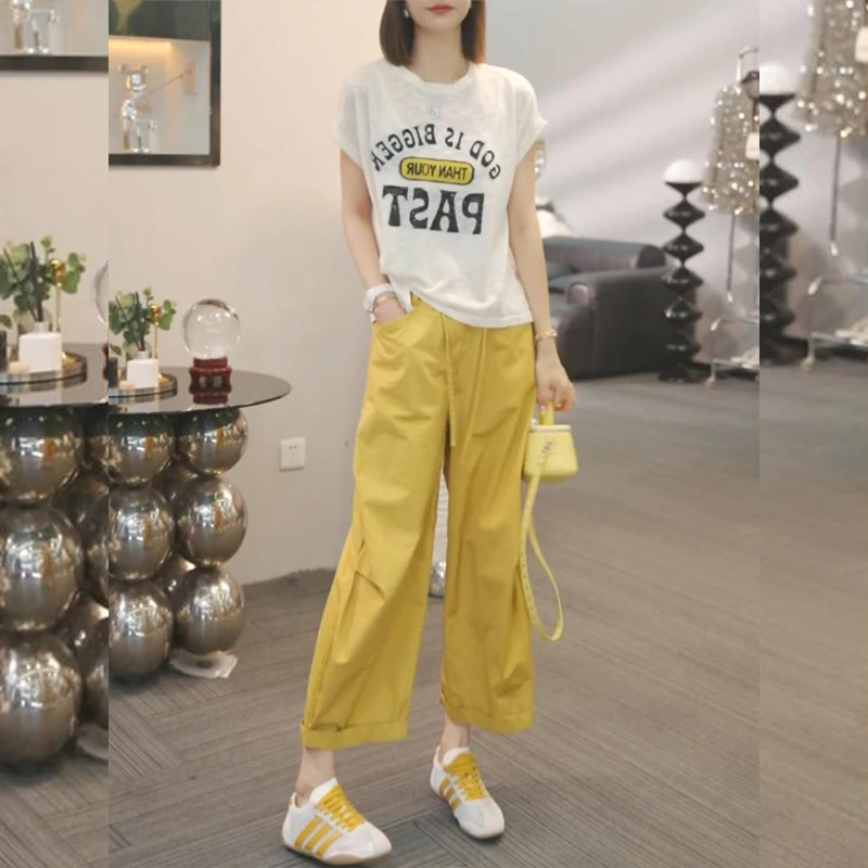 时尚运动套装女2025夏季韩版字母印花短袖T恤直筒休闲裤子两件套