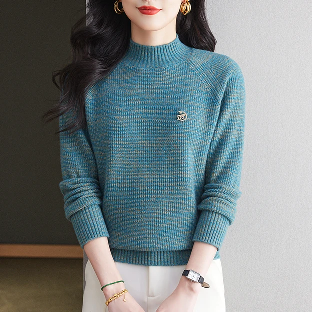 库妃冬新款时尚洋气针织衫拼接上衣长袖百搭宽松半高领混纺打底衫