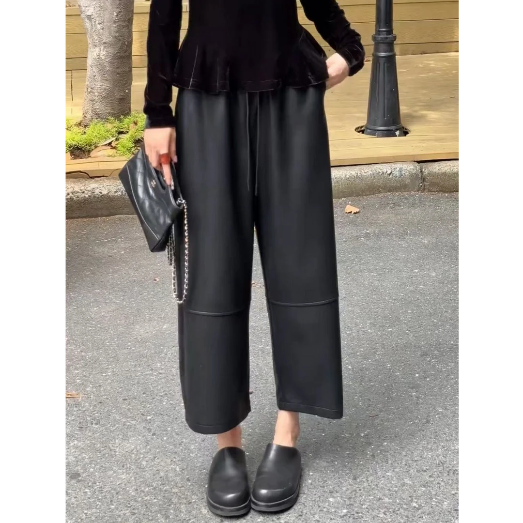 秋季老钱风垂感黑色皮裤女宽松显瘦九分休闲裤高腰慵懒拼接阔腿裤