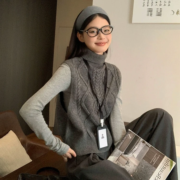 前后两穿深灰色高领针织马甲女冬季高智感毛衣背心叠穿上衣打底