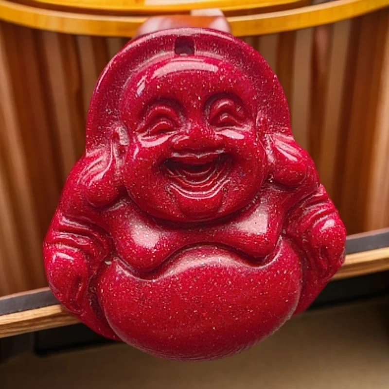 含辰砂工艺品天然朱砂红晶砂晶粉砂弥勒笑佛吊坠男女款