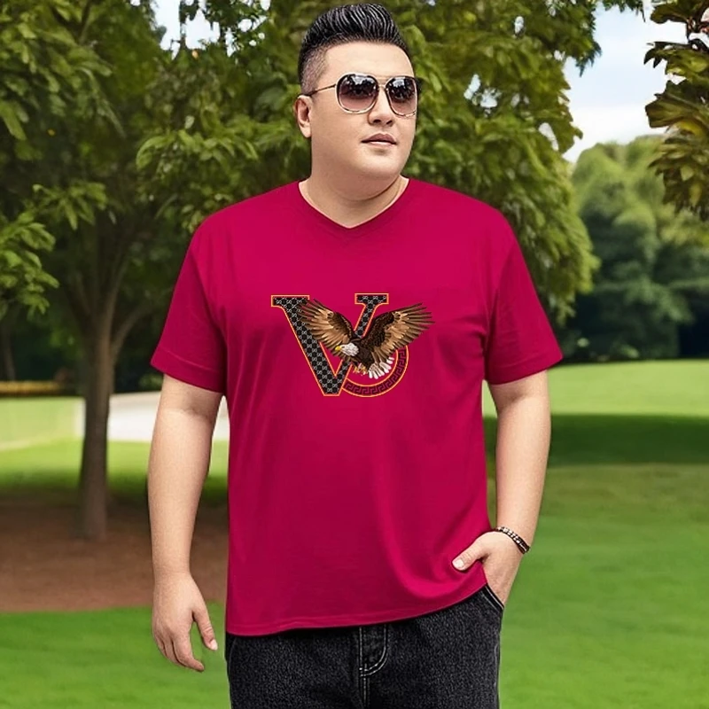 夏季V领短袖T恤鸡心领胖子大码男装加肥加大上衣打底衫胖子肥佬装