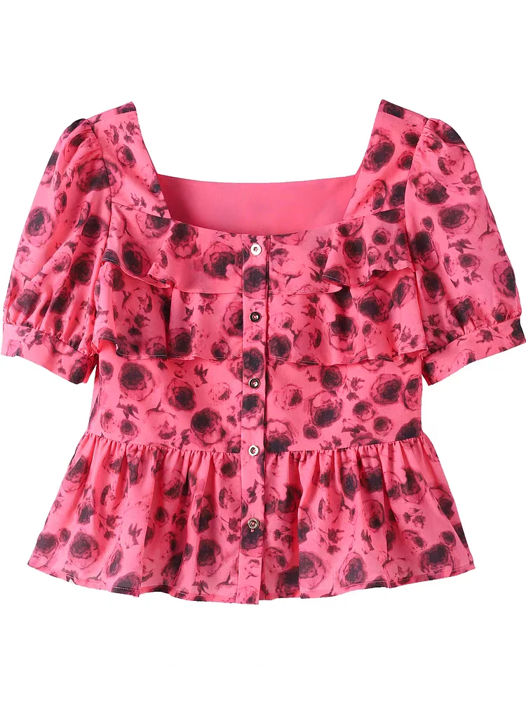 依目了粉色花朵聚酯开衫短袖上衣黑色半裙