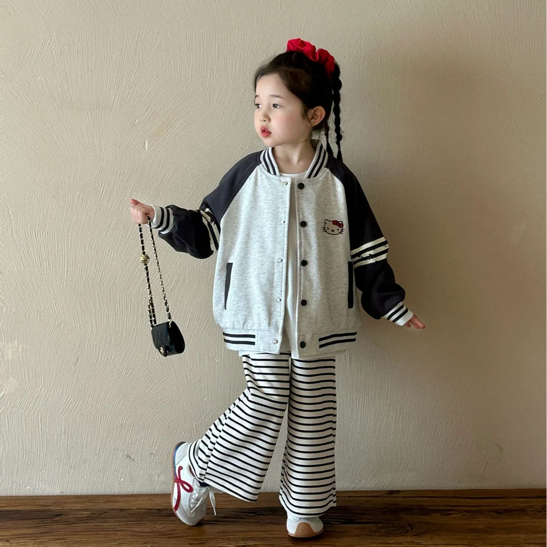 2025春季新款童装 韩版童装 女童拼色棒球服外套 条纹裤