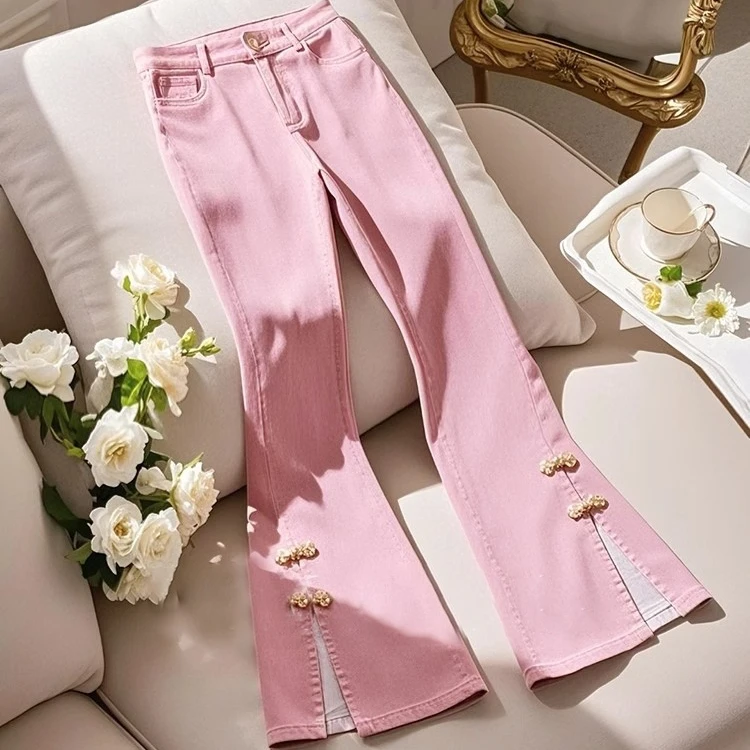 新中式国风小个子梨型身材盘扣长裤气质高级感粉色微喇牛仔裤女春